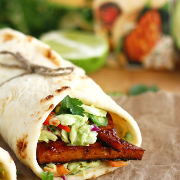 Marinated Tofu Naan Wraps with Avocado Lime Slaw - ilovevegan.com